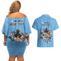 Custom Rugby Southern Hemisphere Couples Matching Off Shoulder Short Dress and Hawaiian Shirt Argentina AUNZ South Africa Mascot Blue LT9 - Polynesian Pride