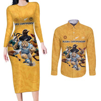 Custom Rugby Southern Hemisphere Couples Matching Long Sleeve Bodycon Dress and Long Sleeve Button Shirt Argentina AUNZ South Africa Mascot Gold - Polynesian Pride