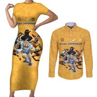 Custom Rugby Southern Hemisphere Couples Matching Short Sleeve Bodycon Dress and Long Sleeve Button Shirt Argentina AUNZ South Africa Mascot Gold - Polynesian Pride