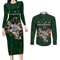 Custom Rugby Southern Hemisphere Couples Matching Long Sleeve Bodycon Dress and Long Sleeve Button Shirt Argentina AUNZ South Africa Mascot Green - Polynesian Pride