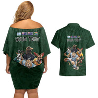 Custom Rugby Southern Hemisphere Couples Matching Off Shoulder Short Dress and Hawaiian Shirt Argentina AUNZ South Africa Mascot Green LT9 - Polynesian Pride