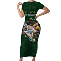 Custom Rugby Southern Hemisphere Family Matching Short Sleeve Bodycon Dress and Hawaiian Shirt Argentina AUNZ South Africa Mascot Green LT9 Mom's Dress Green - Polynesian Pride