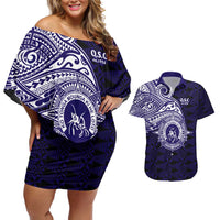 Tonga Queen Salote College 100th Years Couples Matching Off Shoulder Short Dress and Hawaiian Shirt Est 1926 Tongan Ngatu Tapa LT9 Blue - Polynesian Pride