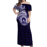 Tonga Queen Salote College 100th Years Off Shoulder Maxi Dress Est 1926 Tongan Ngatu Tapa LT9 Women Blue - Polynesian Pride