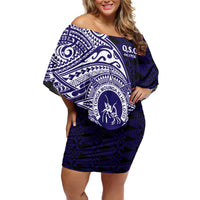 Tonga Queen Salote College 100th Years Off Shoulder Short Dress Est 1926 Tongan Ngatu Tapa LT9 Women Blue - Polynesian Pride