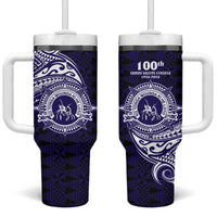 Tonga Queen Salote College 100th Years Tumbler With Handle Est 1926 Tongan Ngatu Tapa LT9 One Size: 40 oz Blue - Polynesian Pride