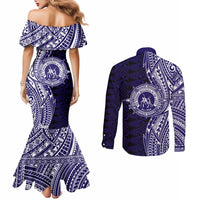 Tonga Queen Salote College 100th Years Couples Matching Mermaid Dress and Long Sleeve Button Shirt Blue Tonga Kupesi Uniquely Pacific Art LT9 - Polynesian Pride
