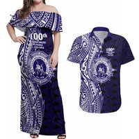 Tonga Queen Salote College 100th Years Couples Matching Off Shoulder Maxi Dress and Hawaiian Shirt Blue Tonga Kupesi Uniquely Pacific Art LT9 Blue - Polynesian Pride