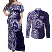 Tonga Queen Salote College 100th Years Couples Matching Off Shoulder Maxi Dress and Long Sleeve Button Shirt Blue Tonga Kupesi Uniquely Pacific Art LT9 Blue - Polynesian Pride