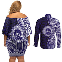 Tonga Queen Salote College 100th Years Couples Matching Off Shoulder Short Dress and Long Sleeve Button Shirt Blue Tonga Kupesi Uniquely Pacific Art LT9 - Polynesian Pride