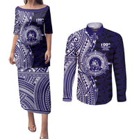 Tonga Queen Salote College 100th Years Couples Matching Puletasi and Long Sleeve Button Shirt Blue Tonga Kupesi Uniquely Pacific Art LT9 Blue - Polynesian Pride