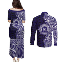 Tonga Queen Salote College 100th Years Couples Matching Puletasi and Long Sleeve Button Shirt Blue Tonga Kupesi Uniquely Pacific Art LT9 - Polynesian Pride