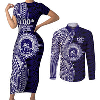 Tonga Queen Salote College 100th Years Couples Matching Short Sleeve Bodycon Dress and Long Sleeve Button Shirt Blue Tonga Kupesi Uniquely Pacific Art LT9 Blue - Polynesian Pride