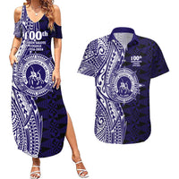 Tonga Queen Salote College 100th Years Couples Matching Summer Maxi Dress and Hawaiian Shirt Blue Tonga Kupesi Uniquely Pacific Art LT9 Blue - Polynesian Pride
