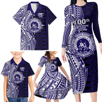 Tonga Queen Salote College 100th Years Family Matching Long Sleeve Bodycon Dress and Hawaiian Shirt Blue Tonga Kupesi Uniquely Pacific Art LT9 - Polynesian Pride