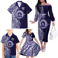 Tonga Queen Salote College 100th Years Family Matching Off The Shoulder Long Sleeve Dress and Hawaiian Shirt Blue Tonga Kupesi Uniquely Pacific Art LT9 - Polynesian Pride