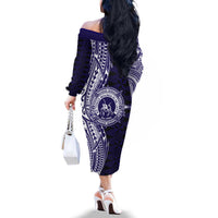 Tonga Queen Salote College 100th Years Family Matching Off The Shoulder Long Sleeve Dress and Hawaiian Shirt Blue Tonga Kupesi Uniquely Pacific Art LT9 - Polynesian Pride