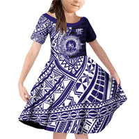 Tonga Queen Salote College 100th Years Family Matching Off Shoulder Short Dress and Hawaiian Shirt Blue Tonga Kupesi Uniquely Pacific Art LT9 Daughter's Dress Blue - Polynesian Pride
