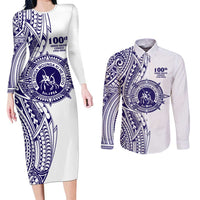 Tonga Queen Salote College 100th Years Couples Matching Long Sleeve Bodycon Dress and Long Sleeve Button Shirt White Tonga Kupesi Uniquely Pacific Art LT9 White - Polynesian Pride