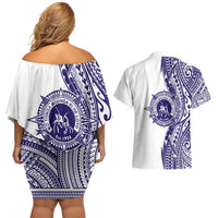 Tonga Queen Salote College 100th Years Couples Matching Off Shoulder Short Dress and Hawaiian Shirt White Tonga Kupesi Uniquely Pacific Art LT9 - Polynesian Pride