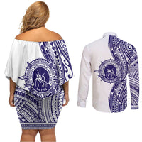 Tonga Queen Salote College 100th Years Couples Matching Off Shoulder Short Dress and Long Sleeve Button Shirt White Tonga Kupesi Uniquely Pacific Art LT9 - Polynesian Pride