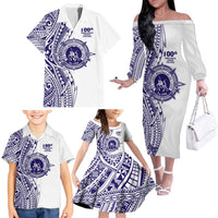 Tonga Queen Salote College 100th Years Family Matching Off The Shoulder Long Sleeve Dress and Hawaiian Shirt White Tonga Kupesi Uniquely Pacific Art LT9 - Polynesian Pride