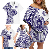 Tonga Queen Salote College 100th Years Family Matching Off Shoulder Short Dress and Hawaiian Shirt White Tonga Kupesi Uniquely Pacific Art LT9 - Polynesian Pride