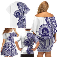 Tonga Queen Salote College 100th Years Family Matching Off Shoulder Short Dress and Hawaiian Shirt White Tonga Kupesi Uniquely Pacific Art LT9 - Polynesian Pride