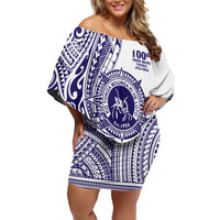 Tonga Queen Salote College 100th Years Family Matching Off Shoulder Short Dress and Hawaiian Shirt White Tonga Kupesi Uniquely Pacific Art LT9 Mom's Dress White - Polynesian Pride