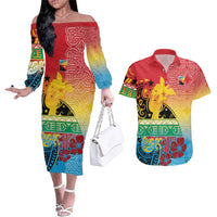 Personalised Torba PNG Day Couples Matching Off The Shoulder Long Sleeve Dress and Hawaiian Shirt Oro Tapa Pattern LT9 Green - Polynesian Pride