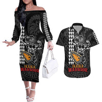 Aloha Spirit Ikaika Warrior Helmet Couples Matching Off The Shoulder Long Sleeve Dress and Hawaiian Shirt LT9 Black - Polynesian Pride