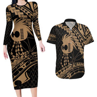 Ikaika Hawaiian Mythic Koa Tribal Warrior Couples Matching Long Sleeve Bodycon Dress and Hawaiian Shirt LT9 Gold - Polynesian Pride