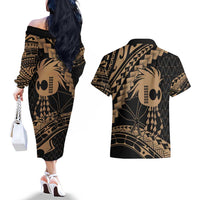 Ikaika Hawaiian Mythic Koa Tribal Warrior Couples Matching Off The Shoulder Long Sleeve Dress and Hawaiian Shirt LT9 - Polynesian Pride