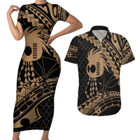 Ikaika Hawaiian Mythic Koa Tribal Warrior Couples Matching Short Sleeve Bodycon Dress and Hawaiian Shirt LT9 Gold - Polynesian Pride