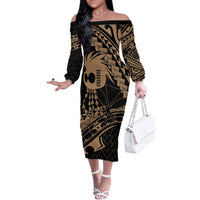 Ikaika Hawaiian Mythic Koa Tribal Warrior Family Matching Off The Shoulder Long Sleeve Dress and Hawaiian Shirt LT9 Mom's Dress Gold - Polynesian Pride