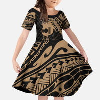 Ikaika Hawaiian Mythic Koa Tribal Warrior Family Matching Off Shoulder Maxi Dress and Hawaiian Shirt LT9 Daughter's Dress Gold - Polynesian Pride
