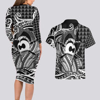 Koa Ikaika Warrior Helmet with Shark Couples Matching Long Sleeve Bodycon Dress and Hawaiian Shirt Black Kakau Style LT9 - Polynesian Pride