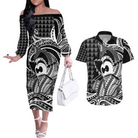 Koa Ikaika Warrior Helmet with Shark Couples Matching Off The Shoulder Long Sleeve Dress and Hawaiian Shirt Black Kakau Style LT9 Black - Polynesian Pride
