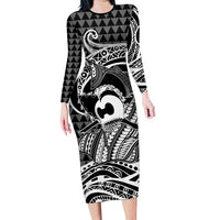 Koa Ikaika Warrior Helmet with Shark Family Matching Long Sleeve Bodycon Dress and Hawaiian Shirt Black Kakau Style LT9 Mom's Dress Black - Polynesian Pride