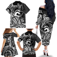 Koa Ikaika Warrior Helmet with Shark Family Matching Off The Shoulder Long Sleeve Dress and Hawaiian Shirt Black Kakau Style LT9 - Polynesian Pride