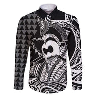 Koa Ikaika Warrior Helmet with Shark Family Matching Off The Shoulder Long Sleeve Dress and Hawaiian Shirt Black Kakau Style LT9 Dad's Shirt - Long Sleeve Black - Polynesian Pride