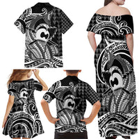Koa Ikaika Warrior Helmet with Shark Family Matching Off Shoulder Maxi Dress and Hawaiian Shirt Black Kakau Style LT9 - Polynesian Pride