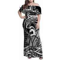Koa Ikaika Warrior Helmet with Shark Family Matching Off Shoulder Maxi Dress and Hawaiian Shirt Black Kakau Style LT9 Mom's Dress Black - Polynesian Pride
