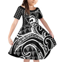 Koa Ikaika Warrior Helmet with Shark Family Matching Off Shoulder Short Dress and Hawaiian Shirt Black Kakau Style LT9 Daughter's Dress Black - Polynesian Pride