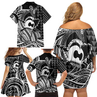 Koa Ikaika Warrior Helmet with Shark Family Matching Off Shoulder Short Dress and Hawaiian Shirt Black Kakau Style LT9 - Polynesian Pride