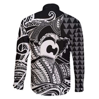 Koa Ikaika Warrior Helmet with Shark Family Matching Off Shoulder Short Dress and Hawaiian Shirt Black Kakau Style LT9 - Polynesian Pride