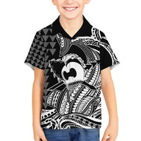 Koa Ikaika Warrior Helmet with Shark Family Matching Off Shoulder Short Dress and Hawaiian Shirt Black Kakau Style LT9 Son's Shirt Black - Polynesian Pride