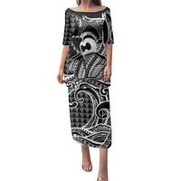 Koa Ikaika Warrior Helmet with Shark Family Matching Puletasi and Hawaiian Shirt Black Kakau Style LT9 Mom's Dress Black - Polynesian Pride
