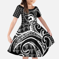Koa Ikaika Warrior Helmet with Shark Family Matching Tank Maxi Dress and Hawaiian Shirt Black Kakau Style LT9 Daughter's Dress Black - Polynesian Pride