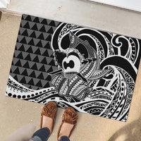 Koa Ikaika Warrior Helmet with Shark Rubber Doormat Black Kakau Style